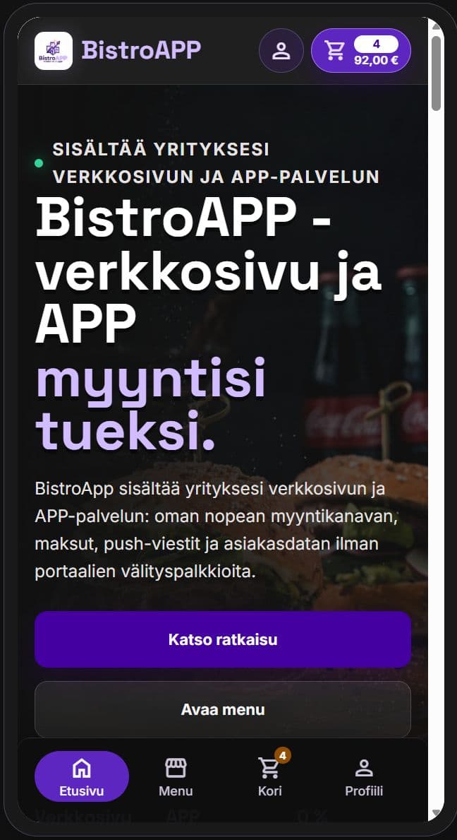 Mobiiliapp kansikuva joka on kehitetty ravintolalle.