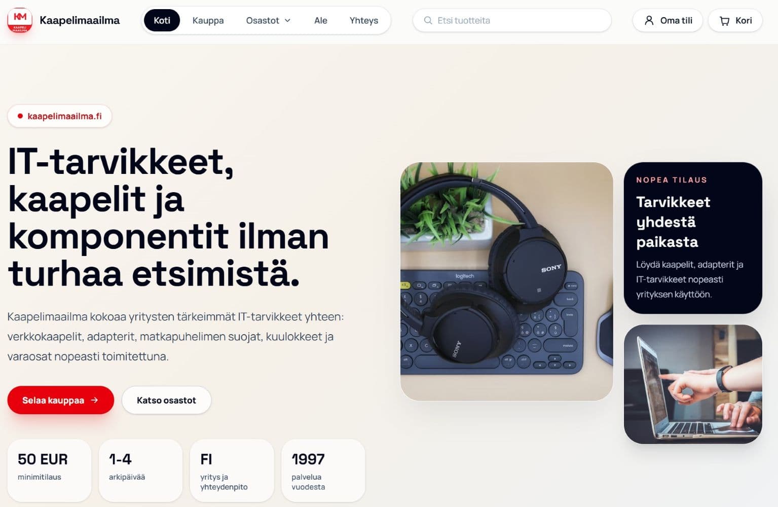 Kaapelimaailman Herokuva. Sivuston rakentanut Bluepeak Oy