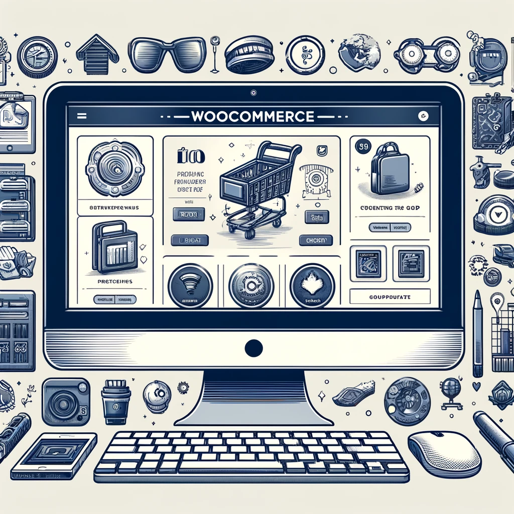 Here is an illustration of a WooCommerce e-commerce store. The image shows a digital storefront with various product categories displayed on a computer screen.