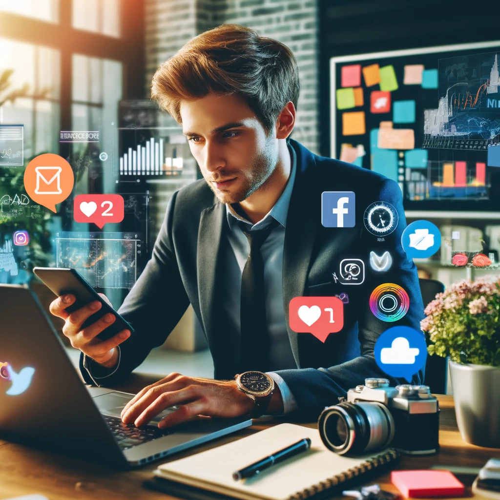 Here's the image representing small business marketing with a focus on social media, featuring a young entrepreneur in a modern office setting. You can see various elements related to social media and marketing strategies around him.